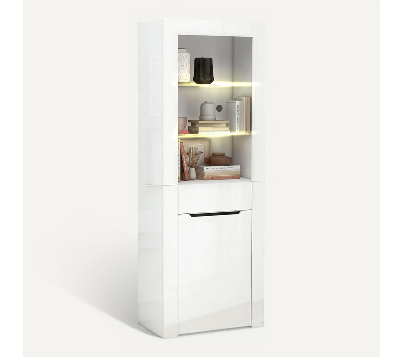 Vitrine LED 60x35,5x165 Cm 1 Porte, Étagères en verre et Rangement Ouvert, Panneau Particules, Blanc