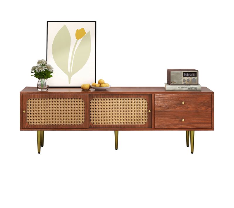 Meuble TV 160x40x60cm Moderne 2 Tiroirs 2 Portes Coulissantes Rotin Mdf Walnut