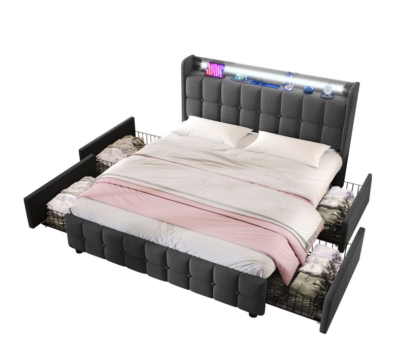 Lit Adulte 160x200 Cm, Lit 2 Place, Avec 4 Tiroirs, Éclairage LED, Prises USB, Lin, Gris