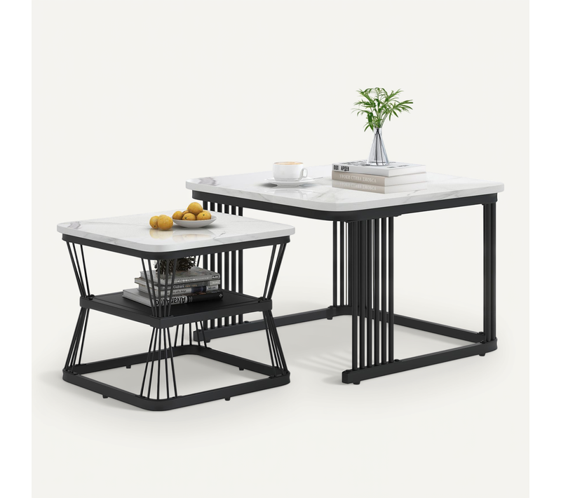 Table Basse Gigogne Carrée, Ensemble De 2, Placage De Marbre, Mdf, Blanc + Noir