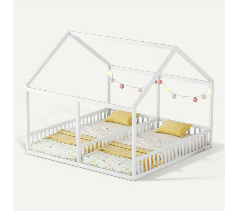 Lit Cabane Enfant 90x200 Cm X 2 Places Avec Sommier, Pin, Blanc