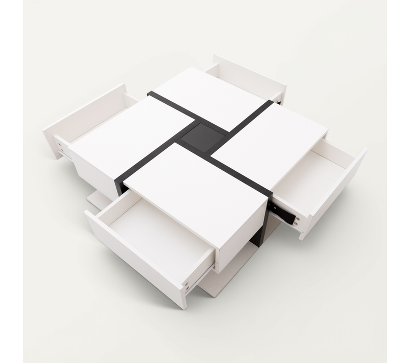 Table Basse 78x78x36 Cm, 4 Tiroirs, Espace De Rangement - Nori + Blanc