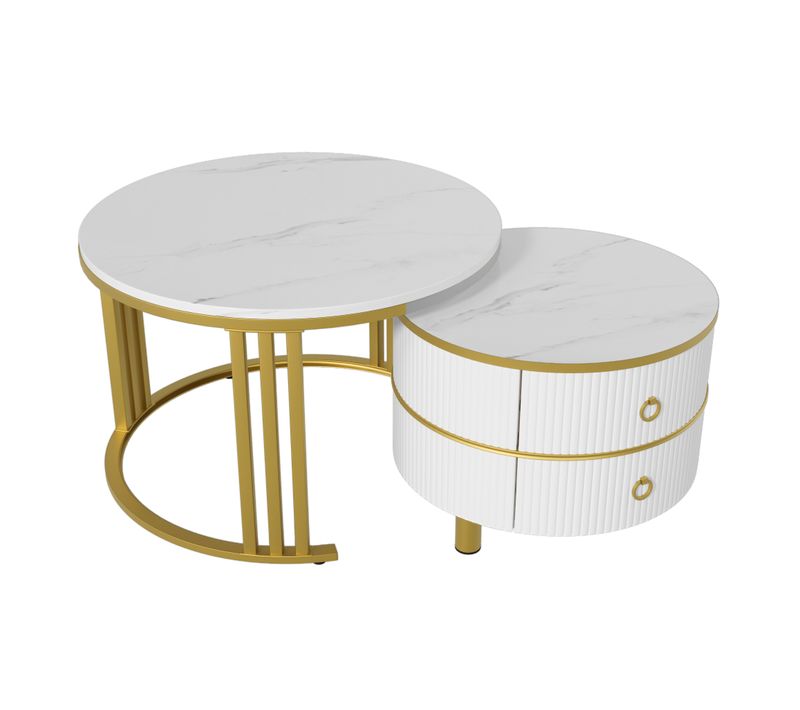 Table Basse 70x70x46/50x50x40 Cm 2 Pièces Rondes Modulable Plateau Laqué Effet Marbre MDF Blanc
