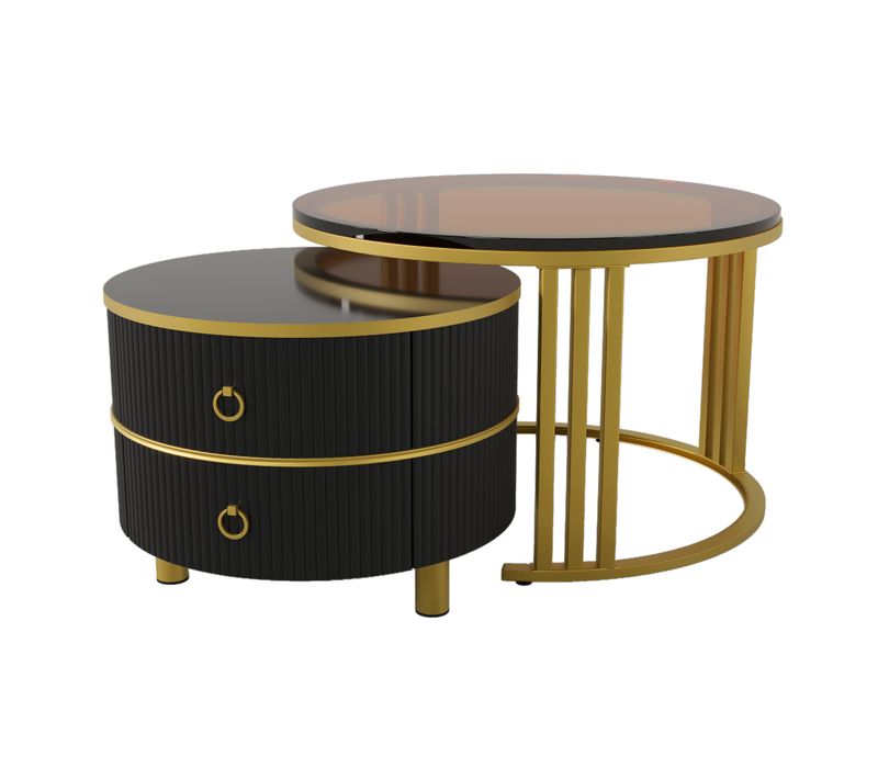 Lot De 2 Table Basse Rond 70x70x45/50x50x40 Cm, 2 Tiroirs, 1 Plateau En Verre Trempé Brun, Noir