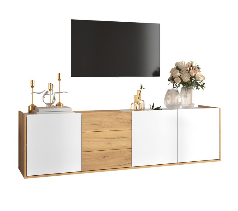 Meuble TV 171.5x35x47 Cm Avec 3 Tiroirs, 3 Portes Et Étageres Réglables, Mdf, Couleur Bois + Blanc
