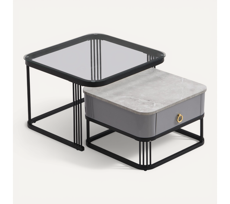 Lot De 2 Table Basse Carré 60x60x42 / 50x50x33.5cm, 1 Tiroir, Cadre En MDF Et Métal, Noir + Gris