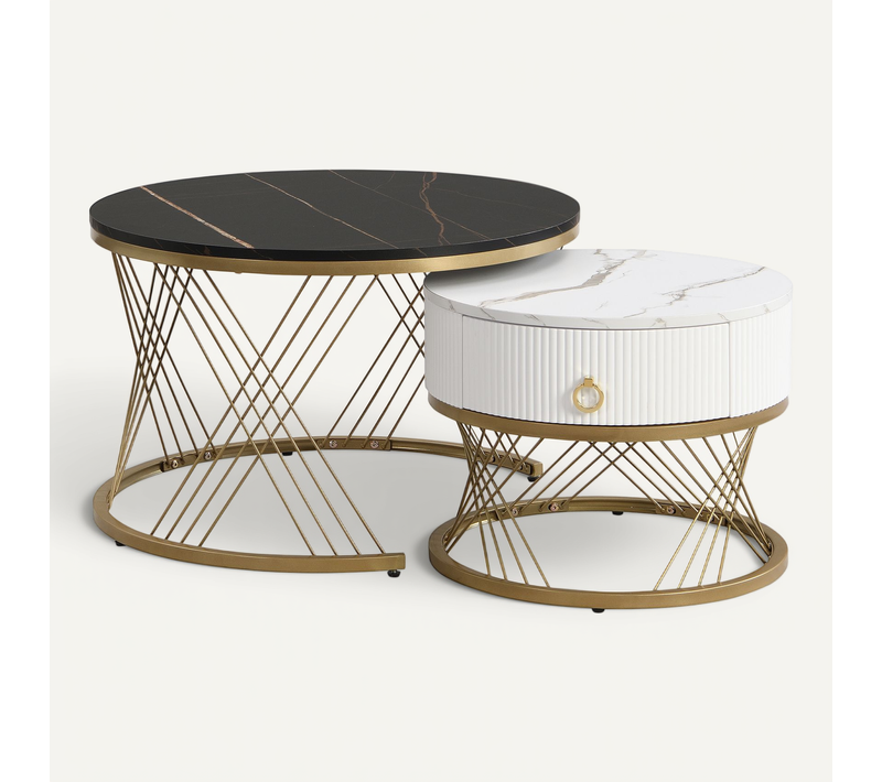 Lot De 2 Table Basse Rond 70x70x45 / 50x50x40 Cm, 1 Tiroir, Placage Marbre, MDF, Noir + Blanc