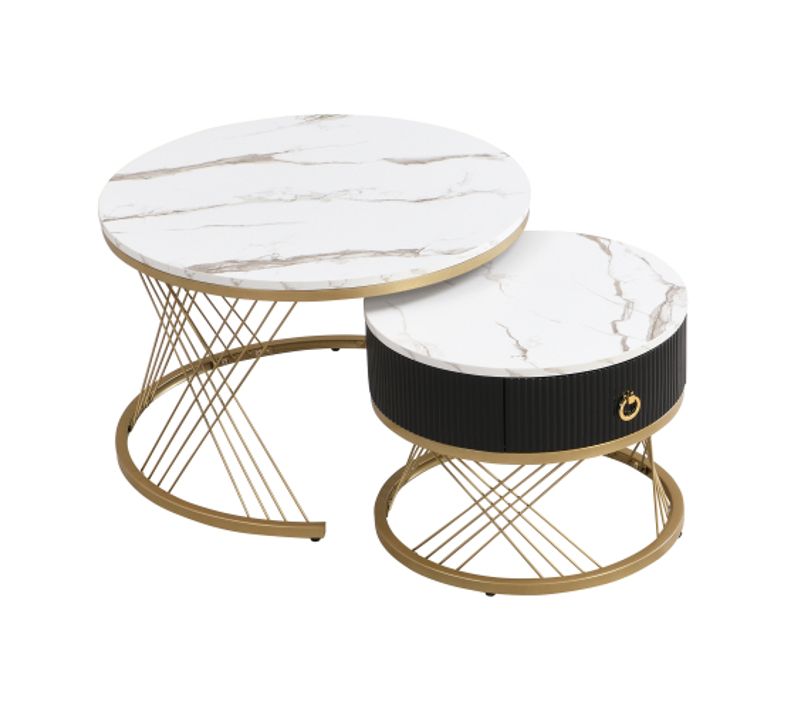 Lot De 2 Table Basse Rond 70x70x45 / 50x50x40 Cm, 1 Tiroir, Placage Marbre, MDF, Blanc + Noir