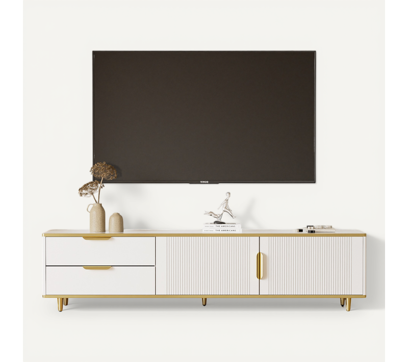 Meuble TV 170x37x45 Cm Avec 2 Tiroirs, 2 Portes, Pieds Dorés, Pour Télévision 70-79 Pouces, Blanc