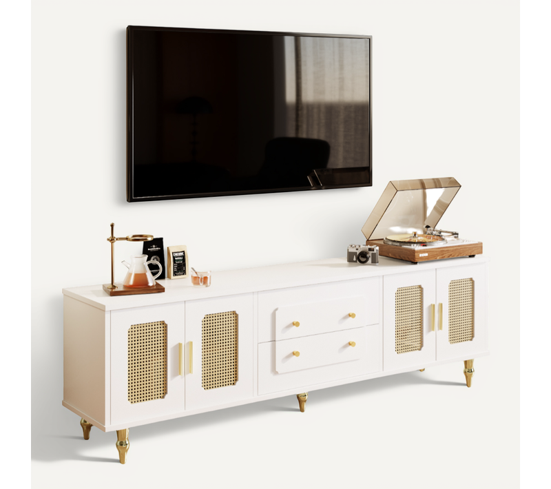 Meuble TV 175x38x55,5 Cm Avec 2 Tiroirs, 4 Portes, Adapté Pour Télévision De 70-79 Pouces, Blanc