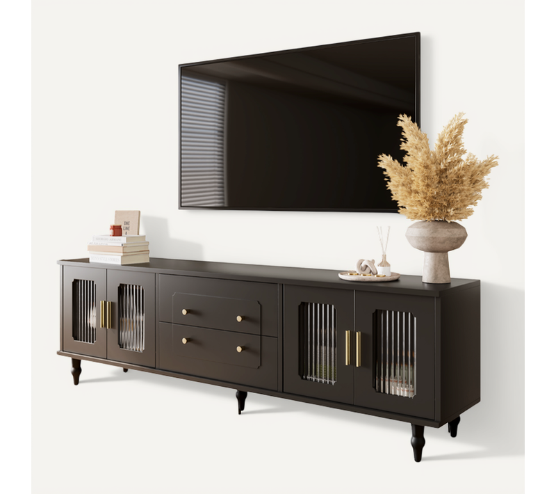 Meuble TV 175x38x55,5 Cm Avec 2 Tiroirs, 4 Portes, Adapté Pour Télévision De 70-79 Pouces, Noir