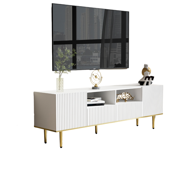 Meuble TV 165x36x55 Cm Avec 2 Tiroirs, 2 Portes, Pieds Dorés, En Panneau De Particules, Blanc