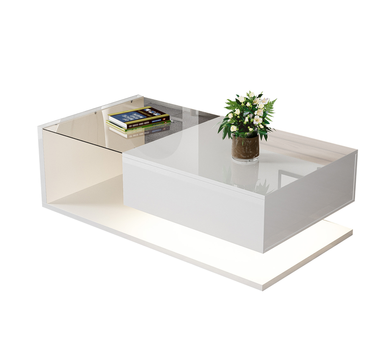 Table Basse Moderne 105x55x32.5 Cm LED, Verre Trempé Et Plateau Particules, Blanc Brillant