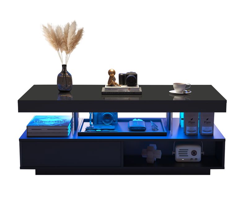 Table basse noire 95×50×42,5 cm, haut brillant avec 4 plaques en verre, 2 tiroirs et 2 niches