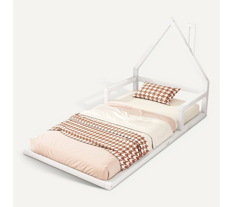 Lit Enfant 90x200cm, En Forme De Maison, En Pin Massif, Blanc