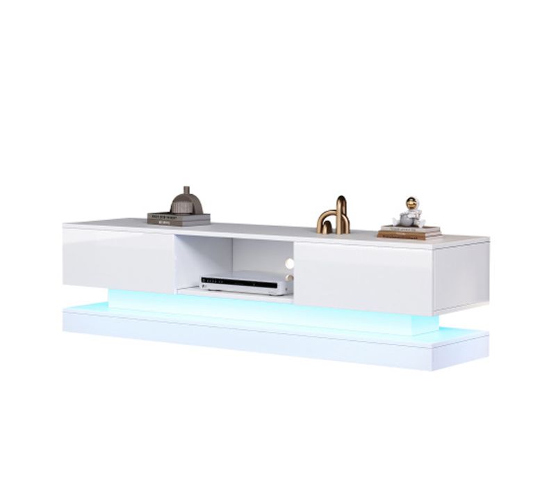 Meuble TV pour TV 60" Blanc Brillant 160x35x40.5 cm, LED et 2 Tiroirs, Panneaux de Particules