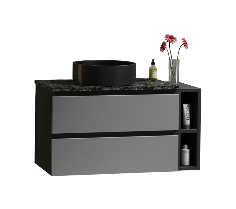 Meuble Lavabo Et Vasque Suspendu 80x44x48.5 Cm Avec 2 Tiroirs, Design Moderne, En Mdf, Noir Et Gris