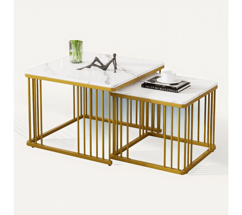 Lot de 2 Table Basse gigogne carré 60/45 Cm Effet Marbre Brillant plateaux MDF, pieds dorés, blanc
