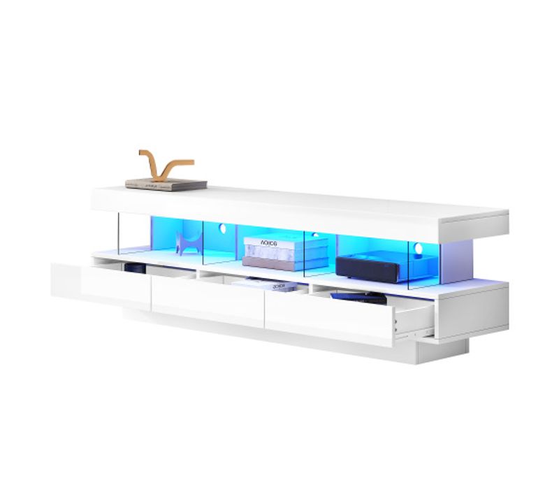 Meuble TV 160x38x50.5 cm Blanc Brillance, 3 niches en Verre, LED, Pour TV 70", panneaux particules