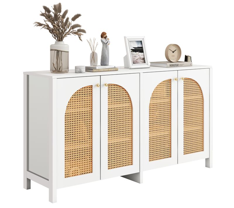 Buffet 4 Portes Moderne 145x40x80cm En Rotin Et Poignées En Métal, MDF, Blanc