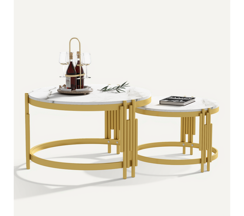 Table Basse 71,5x71,5x44/51,5x51,5x37cm,lot De 2, Finition Marbre,doré + Blanc