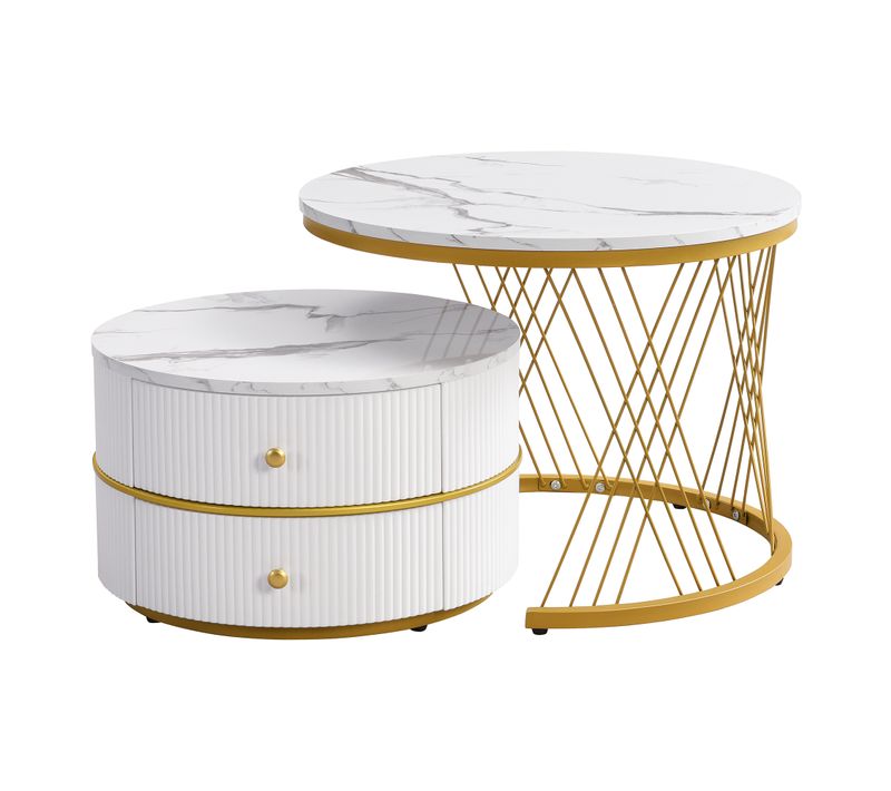 Lot de 2 Table Basse gigogne rond 60/50 cm 2 Tiroirs effet Marbre Brillant MDF Blanc