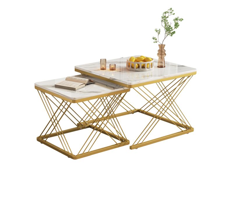 Lot De 2 Table Basse Gigogne Carré 60x60x45 Cm Et 45x45x40 Cm, Pieds Réglables En Hauteur, Blanc