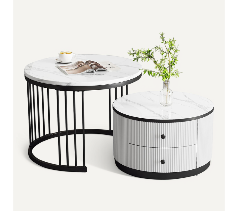 Ensemble De 2 Tables Basses Rondes, 2 Tiroirs, Motif Marbre Brillant, Mdf, Blanc Et Noir