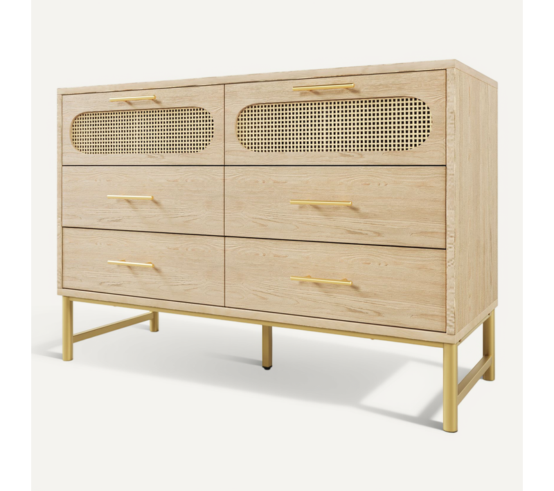 Commode En Rotin Moderne 120x40x74 Cm Avec 6 Tiroirs Et Poignée Dorée, Métal, Couleur Bois