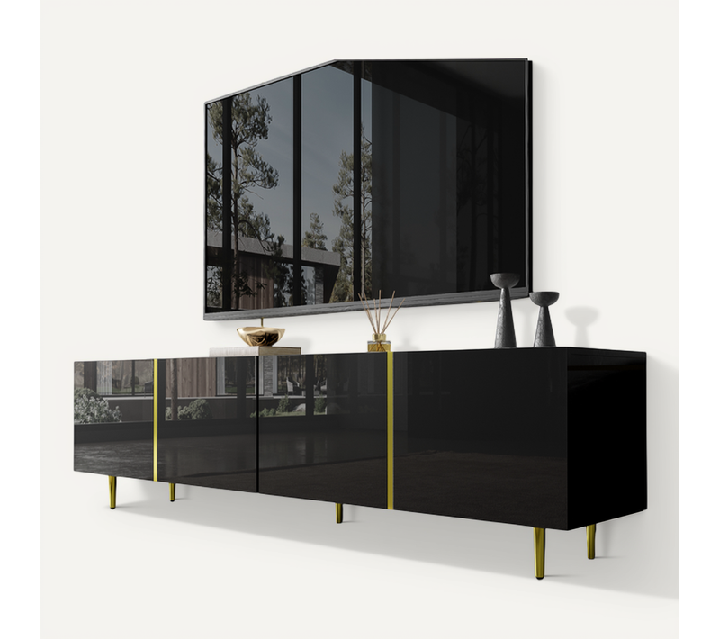 Meuble TV 170x35x46 Cm Avec 4 Portes, Pieds Dorés, Pour Télévision De 40-49 Pouces, Mdf, Noir