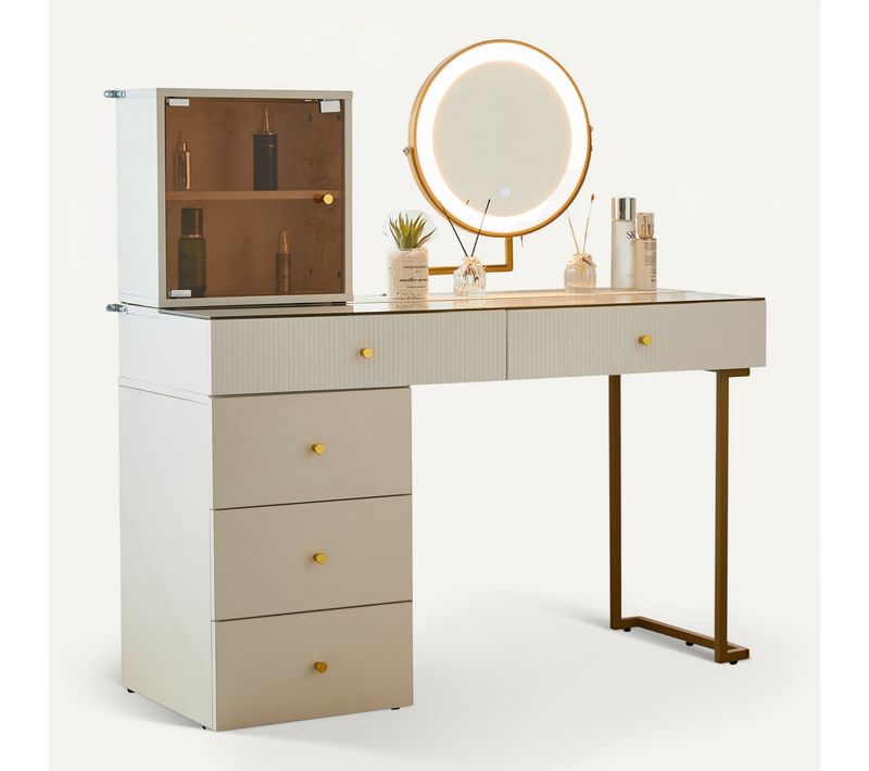 Coiffeuse 120x45x115cm, Avec Miroir LED Et Plateau En Verre, 5 Tiroirs, Blanc Et Doré