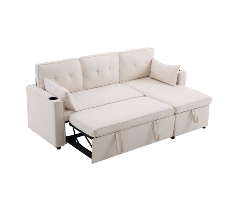 Canapé Convertible 3 Places, Angle Réversible, Rangement Et 2 Coussins, Lin, Beige
