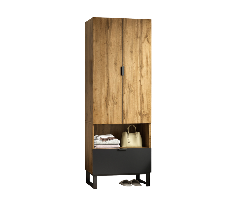 Armoire 65x38x180cm, Tringle à Vêtements, 2 Portes, 1 Tiroir, 1 Niche,couleur Bois Et Noir