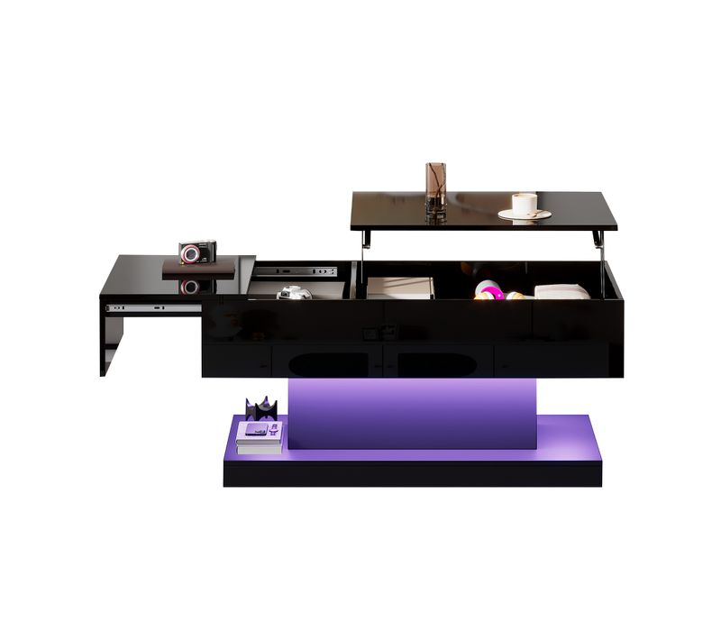 Table Basse 100x50x45 Cm Laqué Brillant Avec Éclairage LED Panneaux De Particules Noir