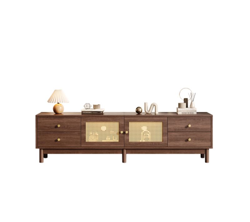 Meuble TV 180x35x44 cm Bois Foncé, 2 Portes Rotin, 4 Tiroirs, Pour TV 80"