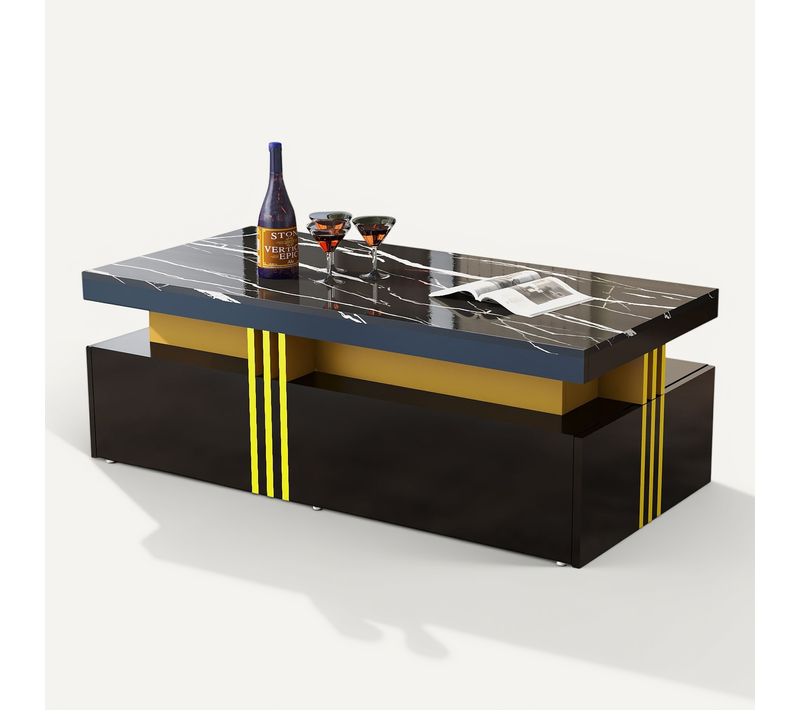 Table basse noire 100×50×40 cm, plateau haut brillant marbré avec bordure dorée et 2 tiroirs, MDF