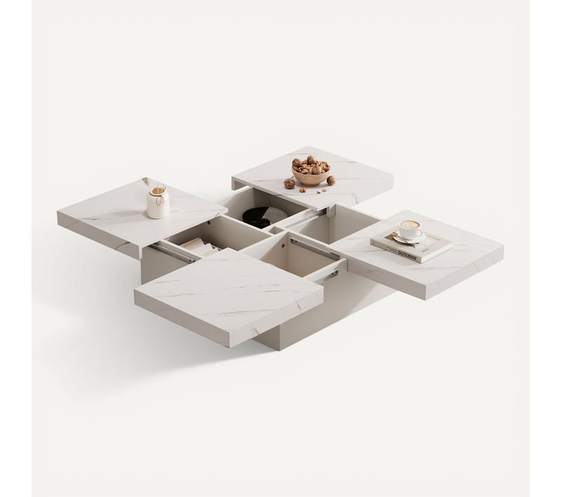Table Basse Carrée 90 X 90 X 25 Cm, 4 plans de travail coulissants, Plateau Effet Marbre, Blanc