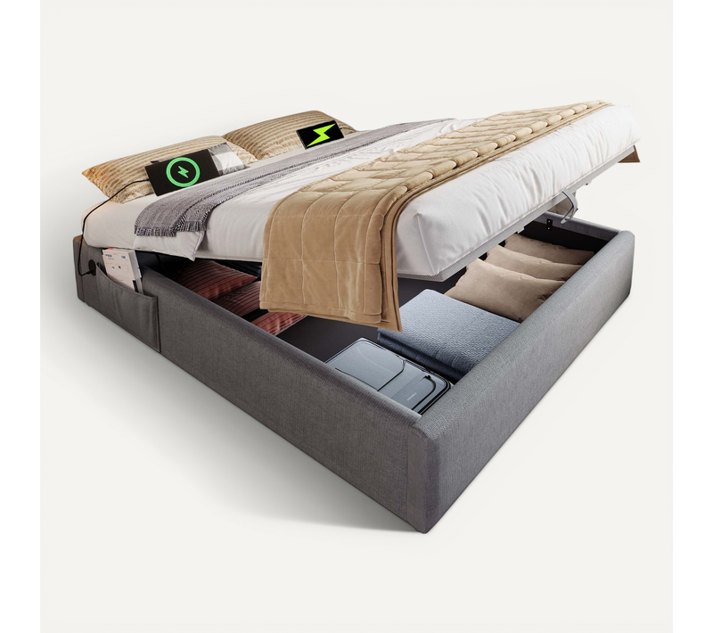 Lit Adulte 140x200 Cm, Sans Tête De Lit, Avec Chargement USB-c Et Poches De Rangement, Lin, Gris