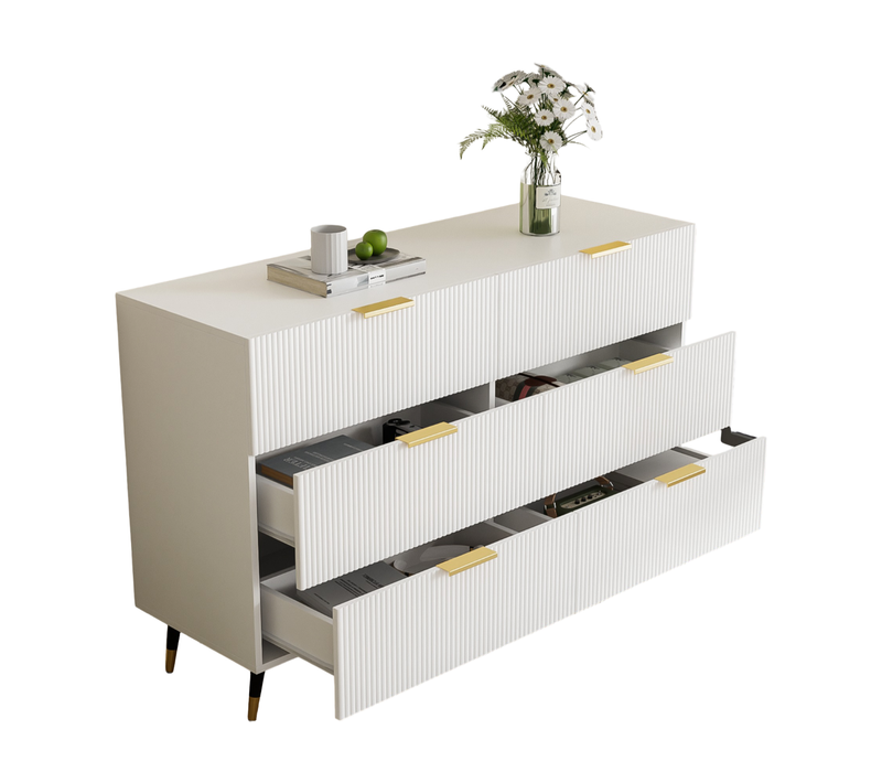 Commode 120x40x77 Cm Avec 6 Tiroirs, Grand Espace De Rangement, 5 Pieds De Support, Blanc