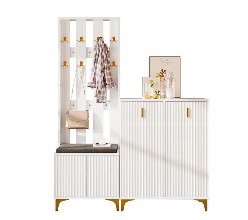 Ensemble De Vestiaire D’entrée Avec 4 Portes, 2 Tiroirs, Crochets, Pieds Dorés, Banc, Blanc