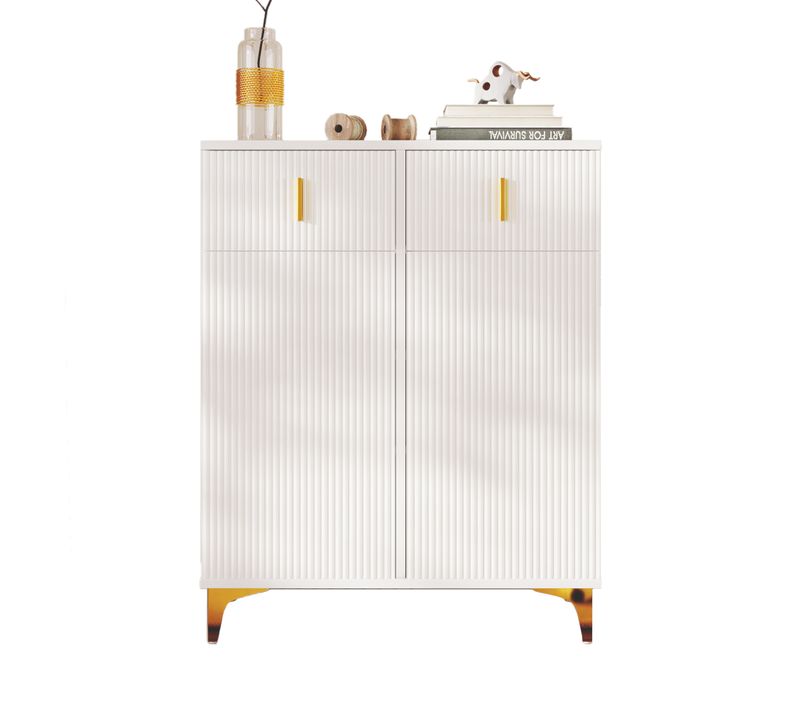 Buffet Bas 83x35x101cm, 2 Tiroirs + 2 Portes, Étagères Réglables Et Décorations Plaquées Or, Blanc