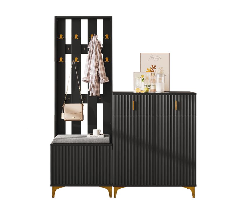 Ensemble De Vestiaire D’entrée Avec 4 Portes, 2 Tiroirs, Crochets, Pieds Dorés, Banc, Noir