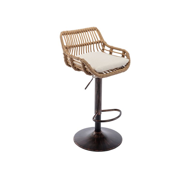 Lot De 2 Tabourets De Bar Réglable Et Rotatif Avec Repose-pieds Et Dossier Rotin, Marron Et Beige