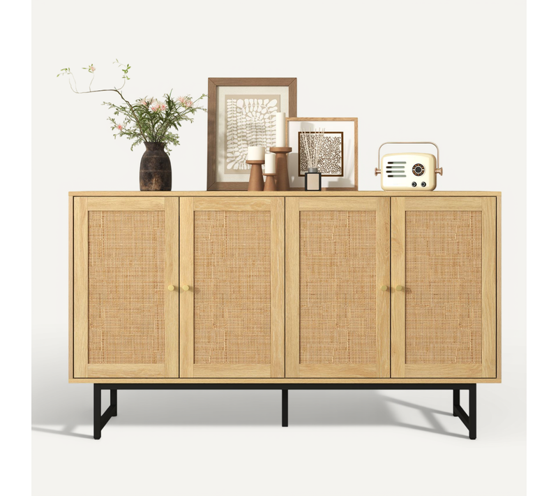 Buffet 4 Portes Rotin 140x39.5x80 Cm, Design Moderne, Panneaux Particules, Couleur Bois