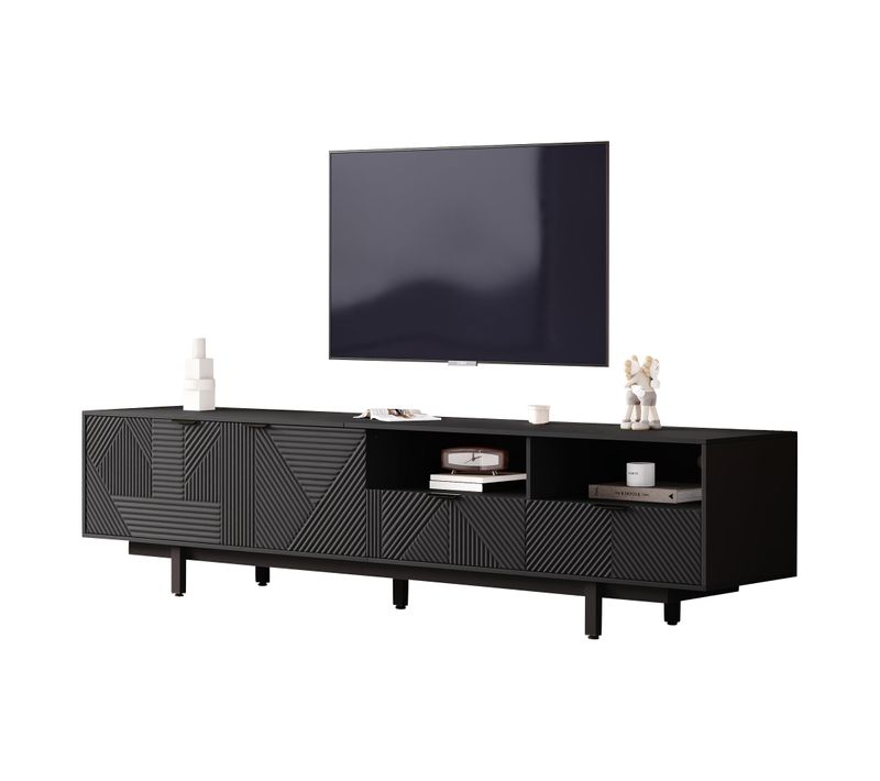 Meuble TV 200x40x51 Cm Pour TV Jusqu'à 90″, Panneau De Particules, Noir, Design Géométrique Moderne