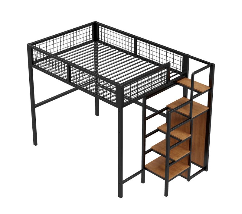 Lit Mezzanine 140x200 Cm Avec Échelle, Armoire Et Rangements, Métal Et Mdf, Noir