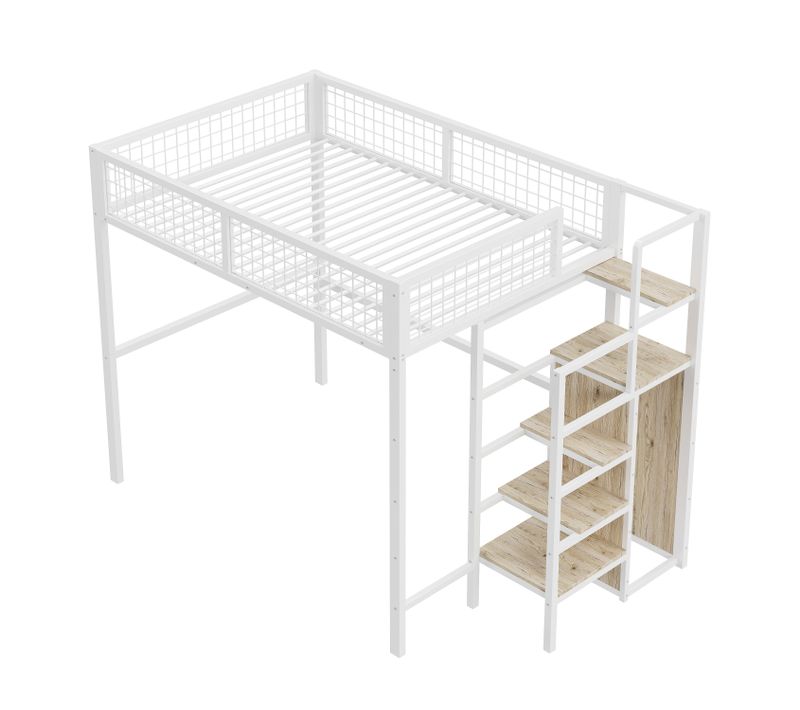Lit Mezzanine 140x200 Cm Avec Échelle, Armoire Et Rangements, Métal Et Mdf, Blanc