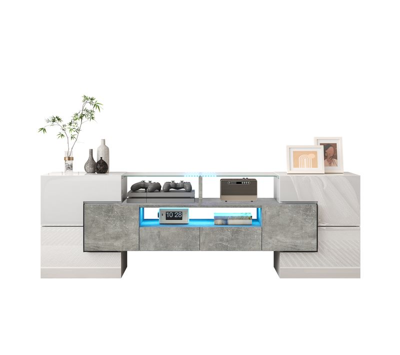 Meuble TV 145x30x51 Cm Avec 6 Portes, 2 Tiroirs Et LED, Panneaux Particules, Blanc + Gris