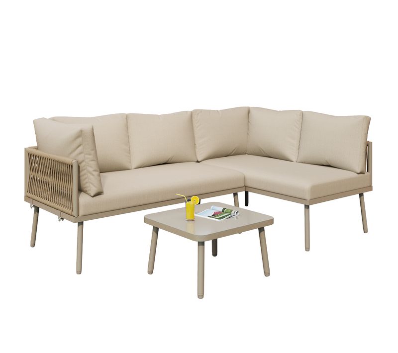 Salon De Jardin Avec 2 Canapés 2 Places, Table En Verre Trempé, Pieds Réglables, En Fer, Kaki