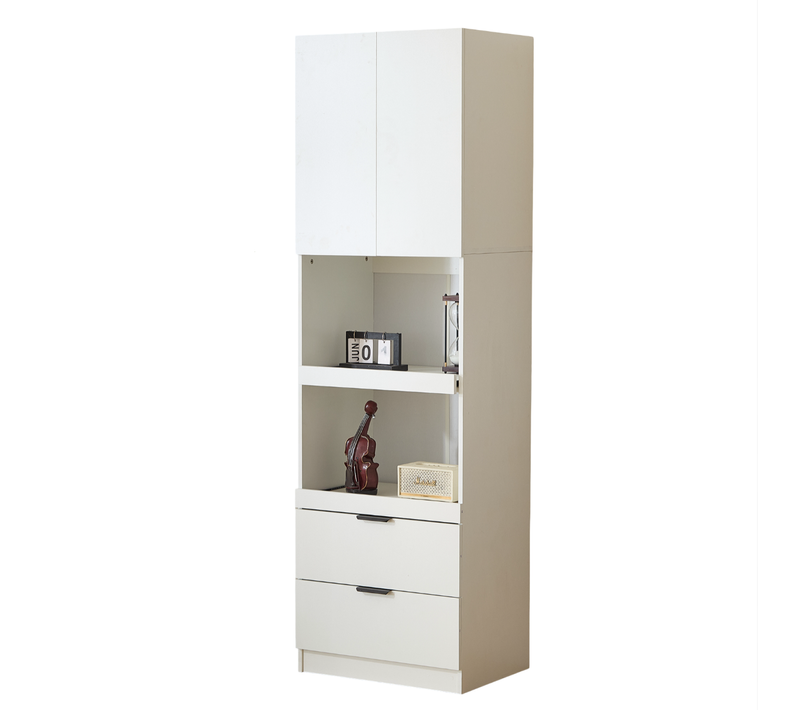 Buffet Haut 59,5x45x200 Cm Avec 2 Portes, 2 Tiroirs, 2 Étagères Ouvertes, En Mdf, Blanc